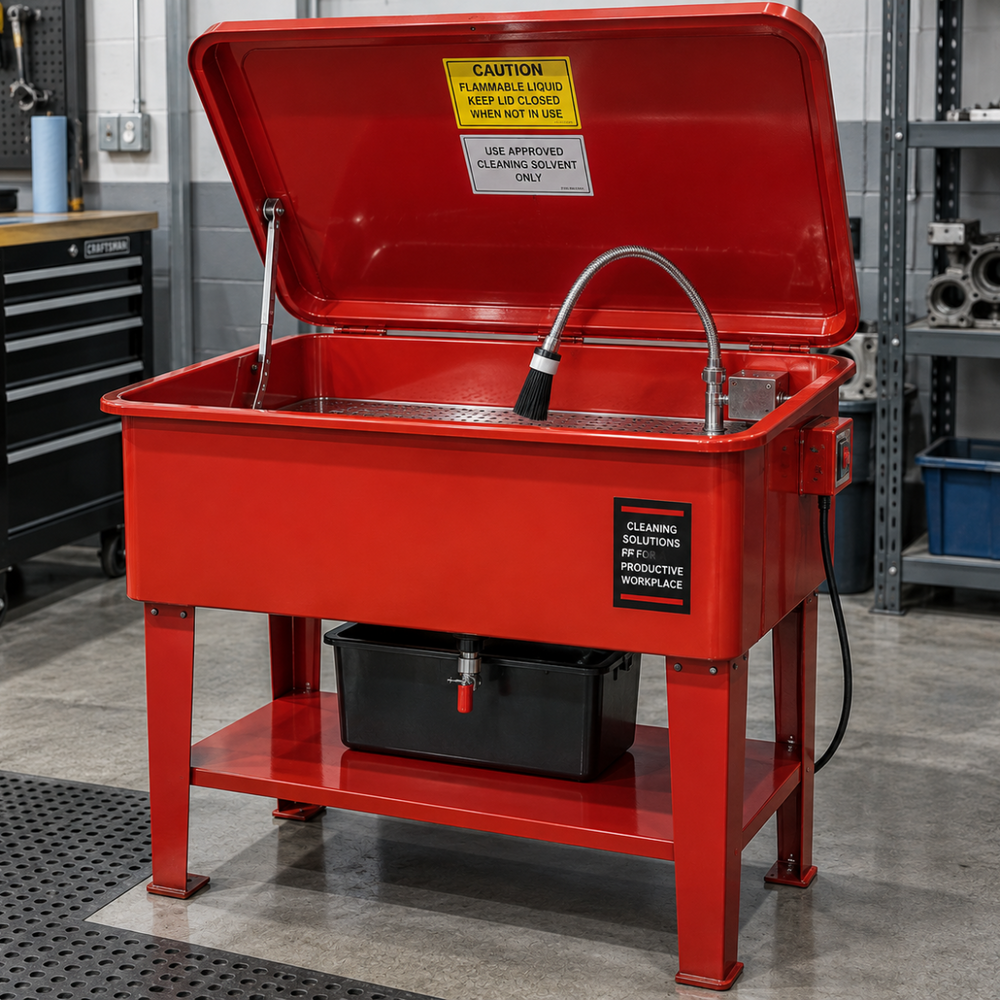 A red industrial cleaning station with an open hinged lid, chrome faucet, and lower shelf holding a black storage bin, photographed in a workshop or garage setting.