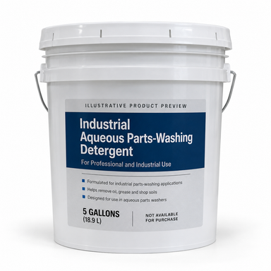 A 5-gallon white plastic bucket of Industrial Aqueous Parts-Washing Detergent with a blue and white label, shown on a white background.