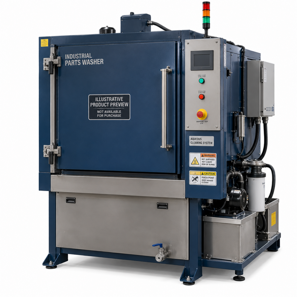 An industrial parts washer machine with a dark blue cabinet, stainless steel lower base, and a gray control panel on the right side, photographed on a white background.